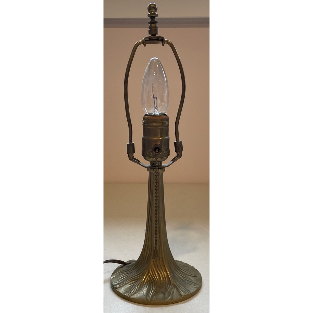 Vintage Art Nouveau Brass Table Lamp Etched Glass Shade Tiffany Style Tree Base - Picture 14 of 16